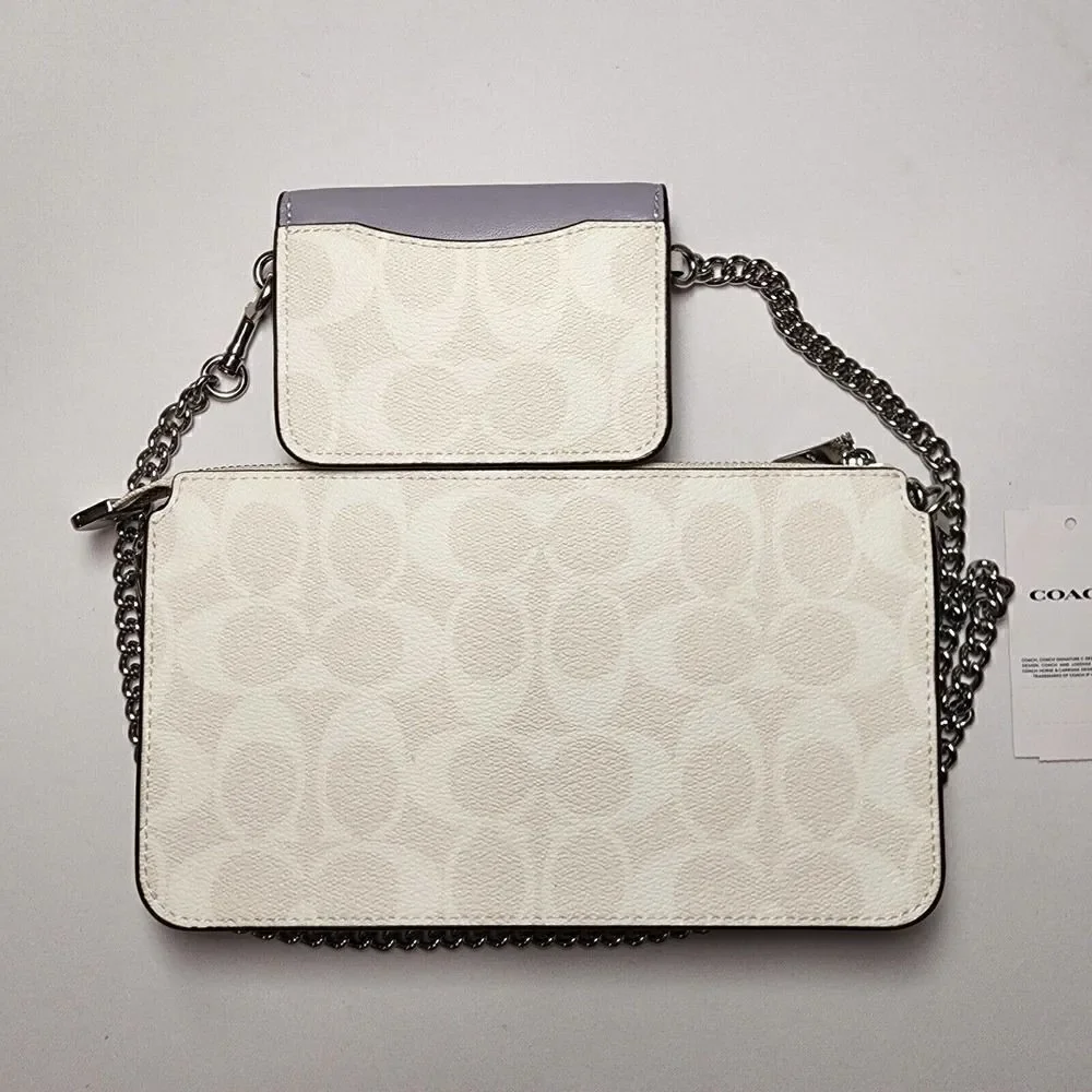 COACH C3328 Poppy Crossbody With Card Case Signature Canvas Leather Chalk Purple